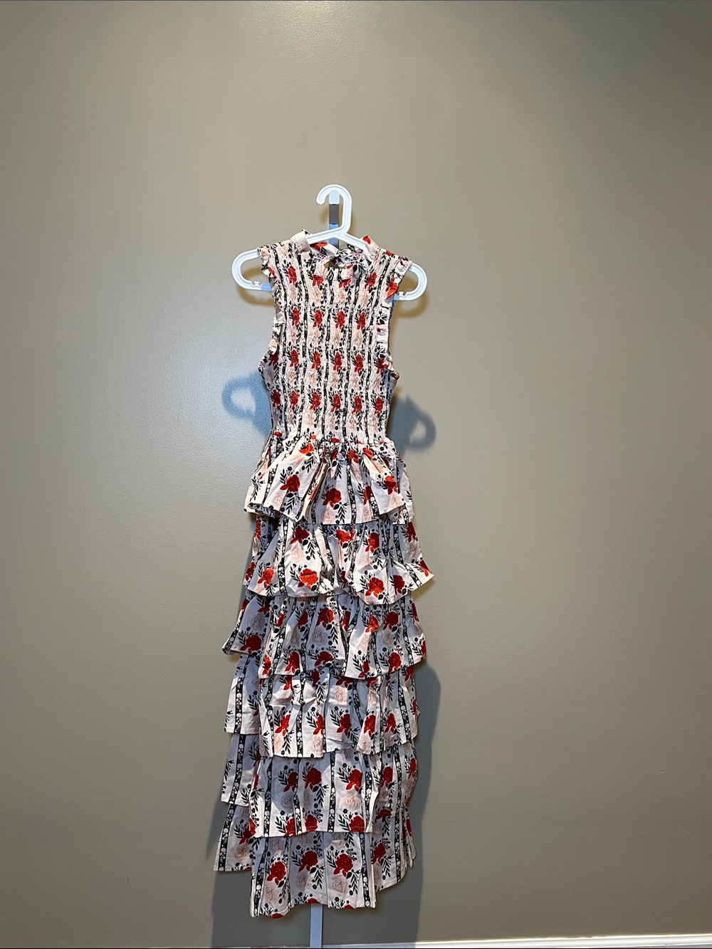 Floral Tiered Maxi Dress in White and Red